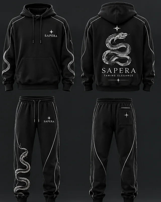 Mono Serpent Set in black: hoodie and jogger with white piping and a serpent graphic, front and back
