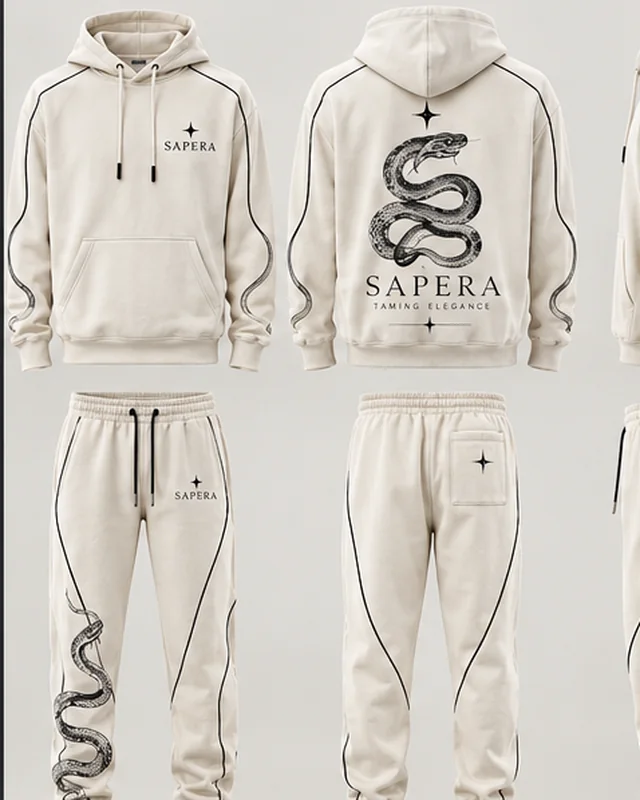 Mono Serpent Set in off-white: hoodie and jogger with black piping and a serpent graphic, front and back