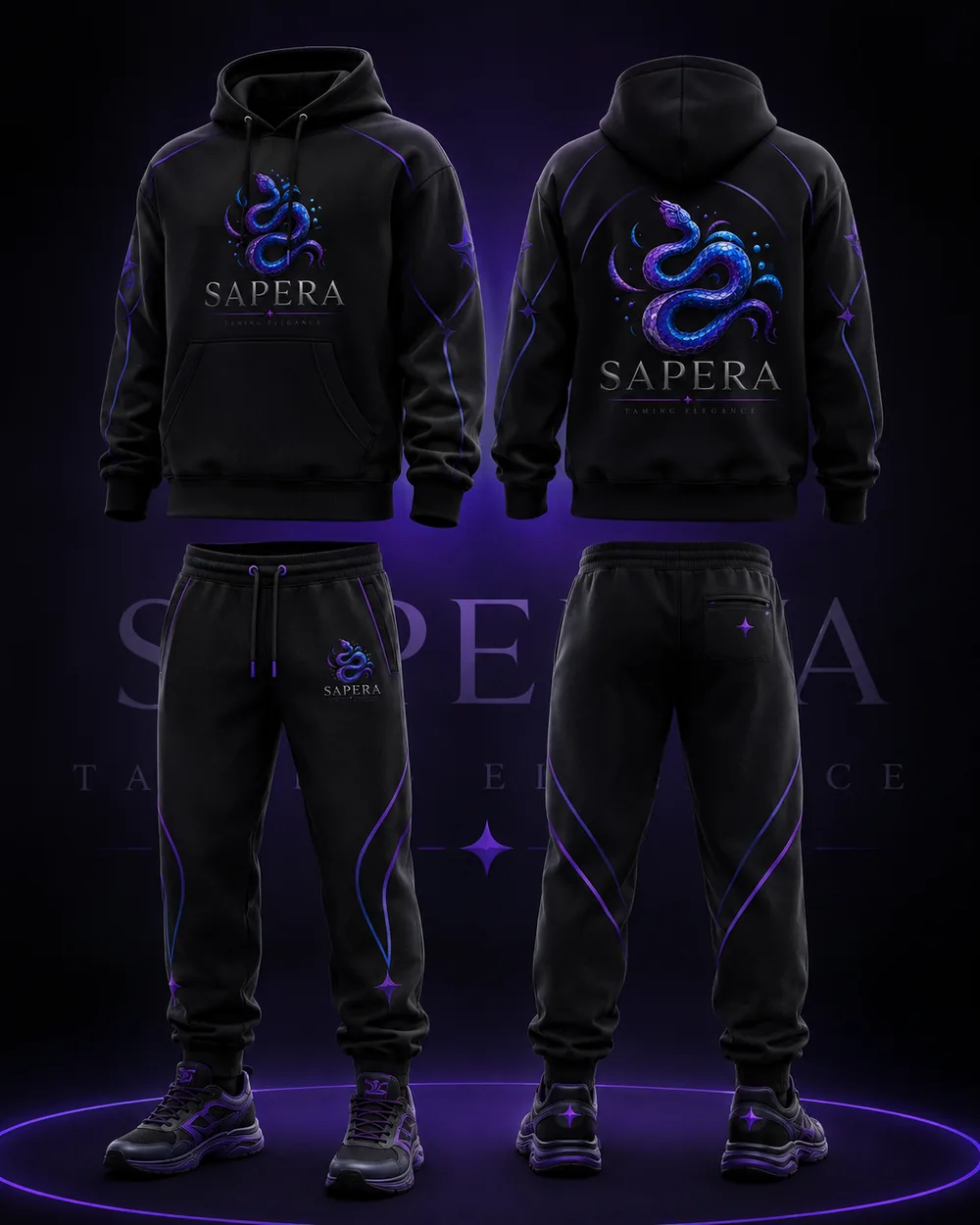 The Serpent Set in black, hoodie and jogger, front and back