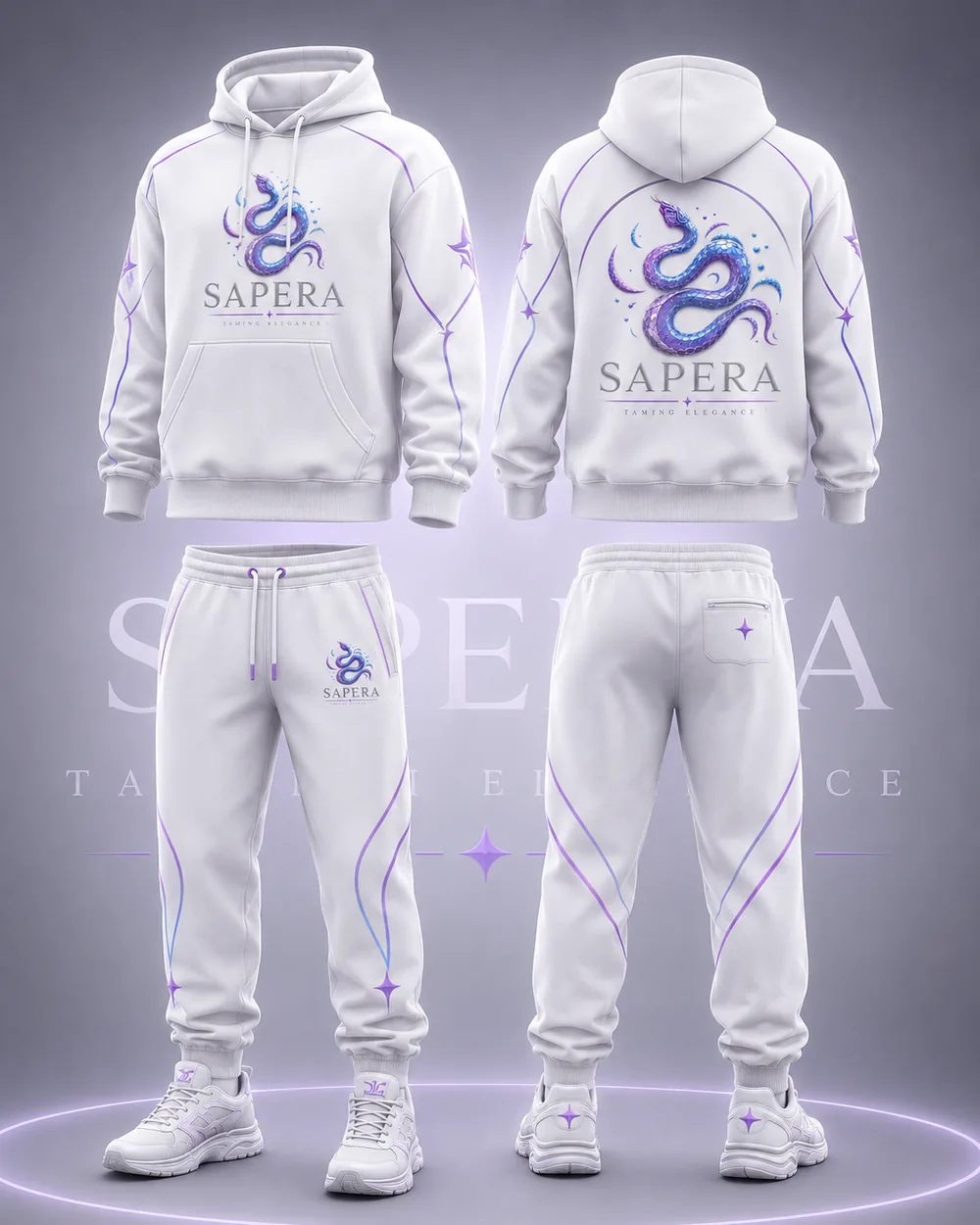 The Serpent Set in white, hoodie and jogger, front and back